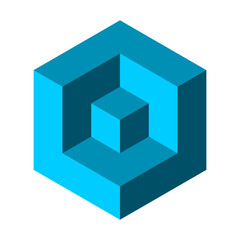 Blue cube in a cube optical illusion. 3D geometric object. Construction, architecture, building concept. Hexagon shape. Small box inside big box. Logo template. Puzzle. Vector illustration, clip art