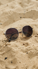 Fototapeta na wymiar Top view of sunglasses on the beach. Sunglasses in a metal frame on the sand.