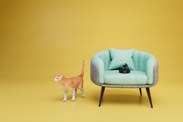 uneducated cat. the cat pooped on the chair. a chair with a poop next to which the outgoing cat. 3d render - obrazy, fototapety, plakaty