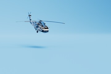 Fototapeta premium military helicopter in flight. camouflage helicopter on a blue background. copy paste, copy space. 3d render