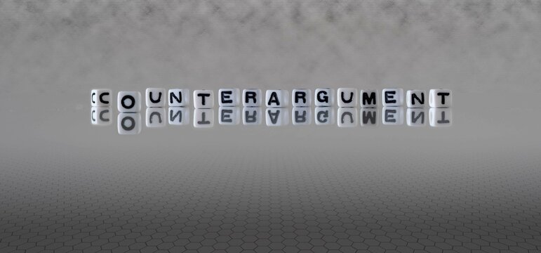 counterargument word or concept represented by black and white letter cubes on a grey horizon background stretching to infinity