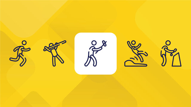 Set Of Outline Icons. Thin Line Icons Such As Man Running, Man Throwing Javelin, Man Selfie, Falling, Prune Hedge Vector. Can Be Used Mobile, Web, Info Graph.