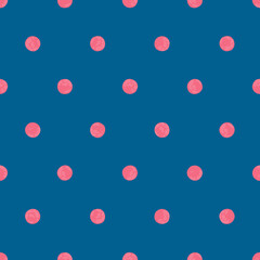 Pink Polka Dot On Sailor Blue Background, Seamless Vector Pattern. Modern Minimalist Art Background, Design For Fabrics, Wrapping Paper, Printing and Fashion.
