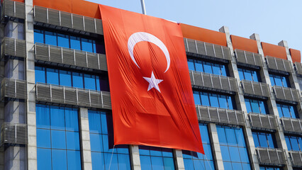A big Turkish Flag is hanged on exterior of a modern building 