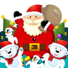 Christmas happy scene with different animals like reindeer and penguins santa and snowman illustration for children