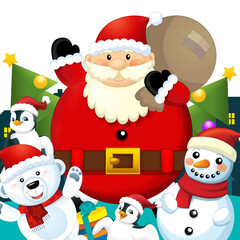 Christmas happy scene with different animals like reindeer and penguins santa and snowman illustration for children
