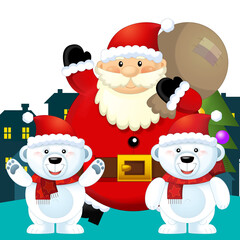 Christmas happy scene with different animals like reindeer and penguins santa and snowman illustration for children