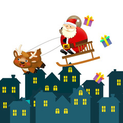 Christmas happy scene with different animals like reindeer and penguins santa and snowman illustration for children