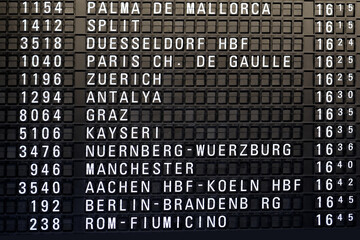 Flight Departures information board at Airport in Germany, Frankfurt destinations: Zurich, Paris, Antalya, Berlin, Dusseldorf,Manchester, Rome, Milan, Nuremberg, Frankfurt, concept delay, arrival time