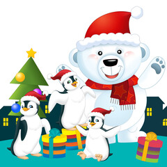 Christmas happy scene with different animals like reindeer and penguins santa and snowman illustration for children