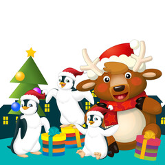 Christmas happy scene with different animals like reindeer and penguins santa and snowman illustration for children
