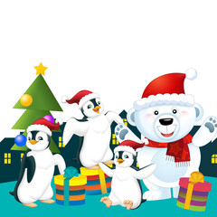 Christmas happy scene with different animals like reindeer and penguins santa and snowman illustration for children