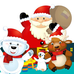 Christmas happy scene with different animals like reindeer and penguins santa and snowman illustration for children