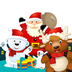 Christmas happy scene with different animals like reindeer and penguins santa and snowman illustration for children