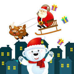 Christmas happy scene with different animals like reindeer and penguins santa and snowman illustration for children