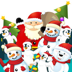 Christmas happy scene with different animals like reindeer and penguins santa and snowman illustration for children