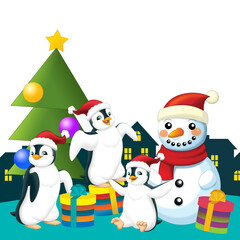 Christmas happy scene with different animals like reindeer and penguins santa and snowman illustration for children