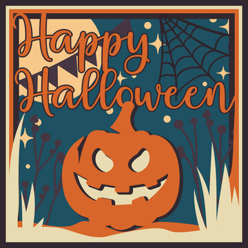 Happy Halloween with pumpkin and spider web, Vector illustration. Paper cut card style. Layered paper cut. Shadow box. 3D Text Banner