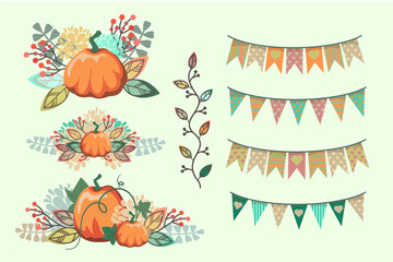 Autumn elements with pumpkins and leaves, flags