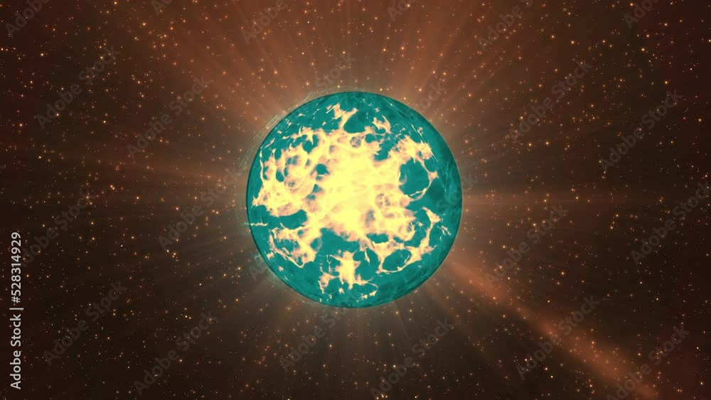 Wall mural a bright blue ball with fire inside. motion.dark background with stars with animation that shimmers 