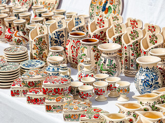 Traditional Romanian handmade ceramics market at the potters fair from Sibiu, Romania