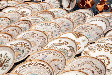 Traditional Romanian handmade ceramics market at the potters fair from Sibiu, Romania