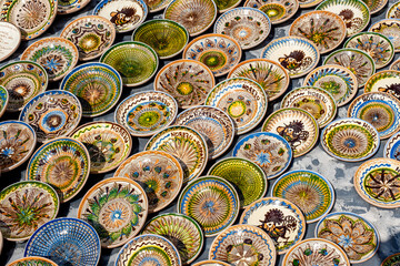 Traditional Romanian handmade ceramics market at the potters fair from Sibiu, Romania