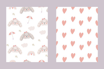 Funny rabbit with rainbow Seamless baby vector patterns. A set of patterns with a rabbit and hearts. Cute childish art in infantile style in pastel colors. Suitable for fabric, textile, printed matter