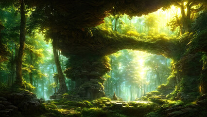 Fototapeta na wymiar Dense dark fantasy forest, with big trees, green, sunset light. The magical atmosphere of the forest, fairy forest, magic light. 3D illustration
