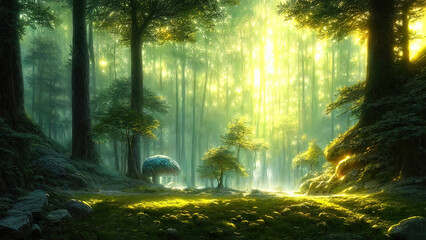 Dense dark fantasy forest, with big trees, green, sunset light. The magical atmosphere of the forest, fairy forest, magic light. 3D illustration