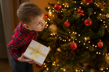 A little boy looks out from behind the Christmas tree with gift box