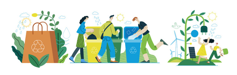 Ecology - Modern flat vector concept illustration on green positive thinking. Waste sorting, Recycling, Green energy, Save the planet, bio farming. Creative landing web page illustrations set