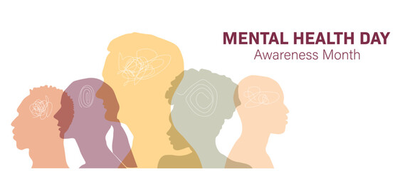 Fototapeta na wymiar Mental Health Awareness Month banner. People silhouette head isolated.