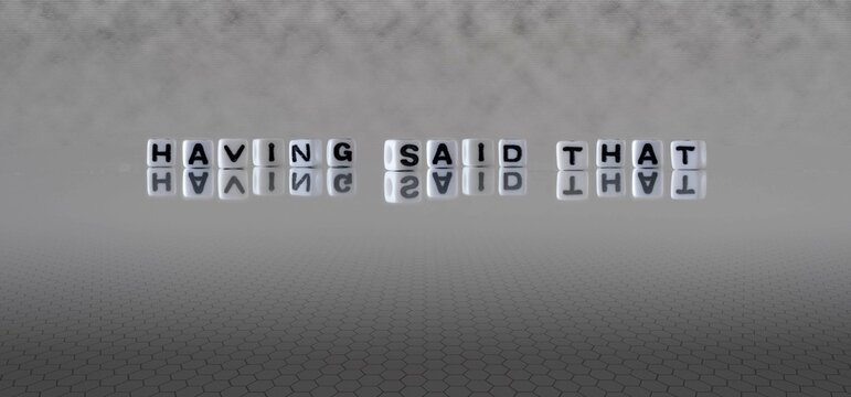 having said that word or concept represented by black and white letter cubes on a grey horizon background stretching to infinity