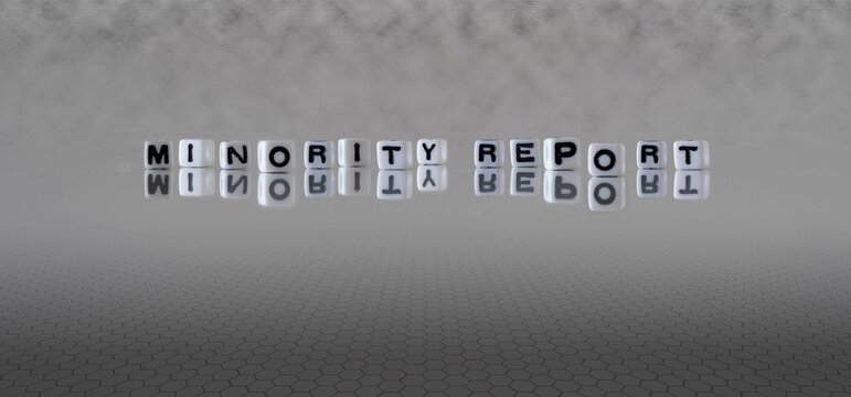 minority report word or concept represented by black and white letter cubes on a grey horizon background stretching to infinity