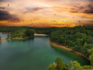 an aerial shot of a gorgeous summer landscape on the lake with rippling green water surrounded by...