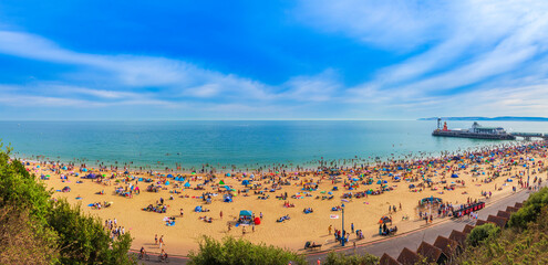 Bournemouth Beach Dorset. Crowded beach during summer England United Kingdom
