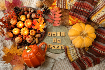 Burning decorative candles, acorns, nuts, pumpkin, sweater on table. autumn season. symbol of harvest, Mabon, thanksgiving, Halloween. 