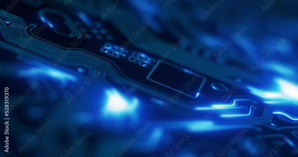 Aufkleber Cybersecurity, circuit board and futuristic software code with 3d light pattern, cyber security design and programming app. Abstract zoom of networking, big data and digital transformation background