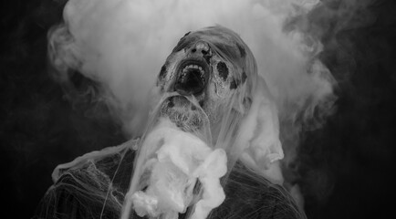 Sinister man with horrible scary Halloween zombie makeup in costume blows smoke from nose and...