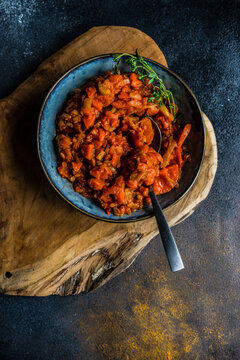 Overhead view of a bowl of traditional Hungarian letcho vegetable stew
