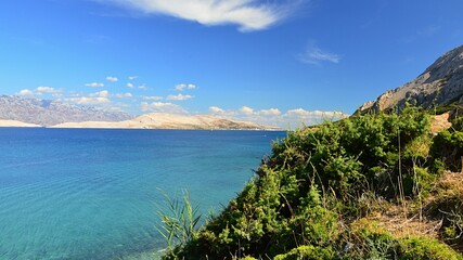 Vegetation on arid Pag island in forefront, landscape of central Pag bay near Saint Maria beach in background, sounthern Velebit mountain on horizon. Photo taken during partially cloudy summer day.