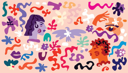 Abstract  modern set elements  Creative doodle flowers, faces,  shapes  Vector collection  flat cartoon elements