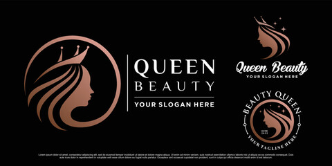 Set of beauty queen logo design for woman salon with crown icon and creative concept Premium Vector