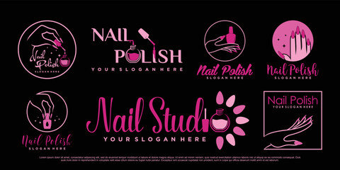 Set of nail polish or nail studio logo design for manicure salon with woman hands Premium Vector