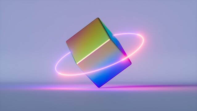 3d Render, Abstract Geometric Background, Iridescent Holographic Metallic Cube With Pink Neon Ring