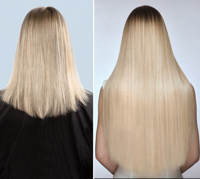Woman before after hair extensions. Back view.