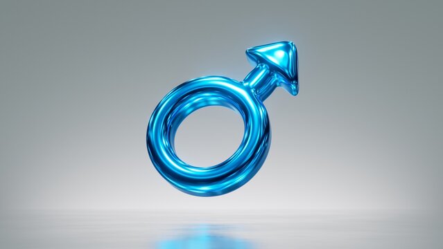 3d Rendering. Metallic Male Gender Symbol, Blue Mars Sign, Man Clip Art Isolated On Silver Background. Shiny Glass Icon