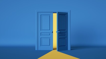3d render, Modern minimal background with half open blue doors and yellow light. Abstract interior scene