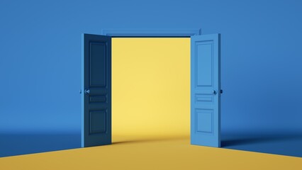 3d render, blue yellow background with double doors opening. Architectural design element. Modern minimal concept. Opportunity metaphor - obrazy, fototapety, plakaty